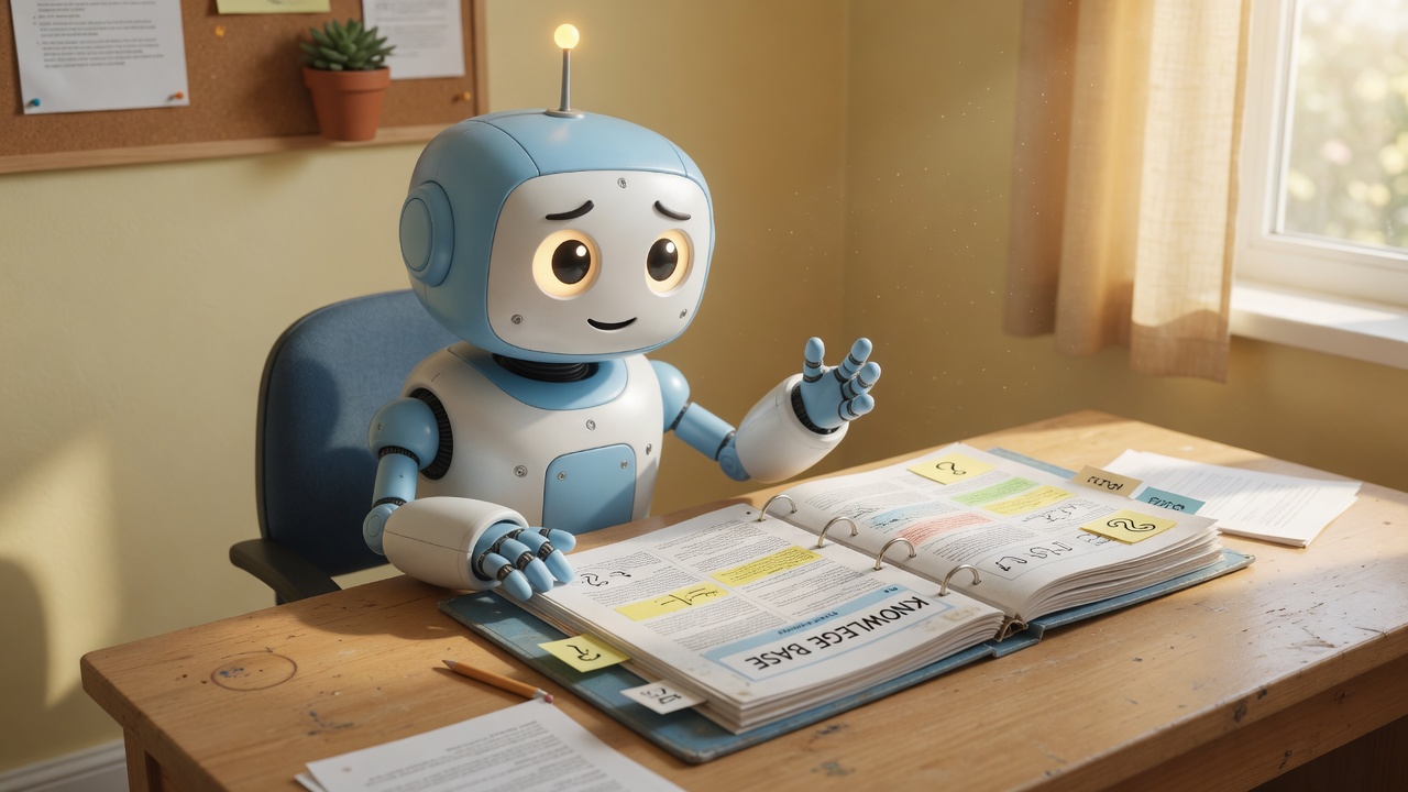 A small sky-blue and white robot with a glowing antenna sitting at a sunlit wooden desk, smiling and gesturing toward an open knowledge-base binder tagged with sticky notes and question marks.